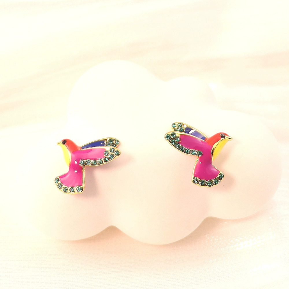 Kate SPADE Rose Red Enamel Little Bird Stud Earrings Copper Gold Plated